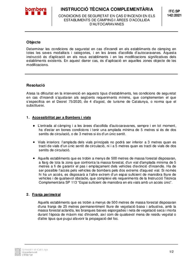 Publicada en Cataluña, la Instrucción Técnica Complementaria SP-142 que establece las condiciones de seguridad en caso de incendio en los establecimientos de camping y áreas de acogida de autocaravanas.