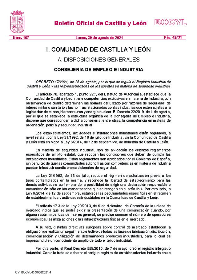 Se regula, en Castilla y León, el Registro Industrial y se determinan las responsabilidades de los agentes en materia de seguridad industrial.