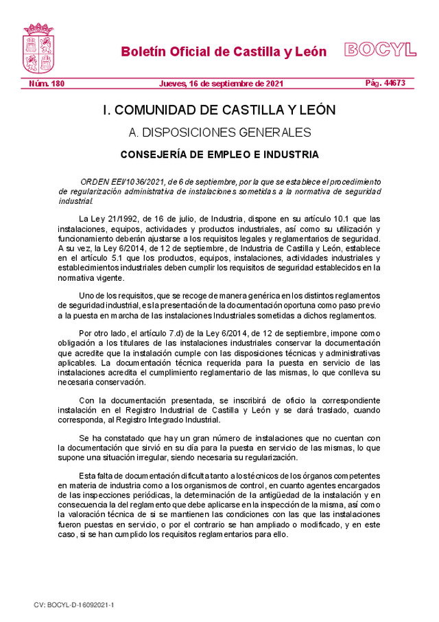 Se establece en Castila y León, el procedimiento de regularización administrativa de instalaciones sometidas a la normativa de seguridad industrial.