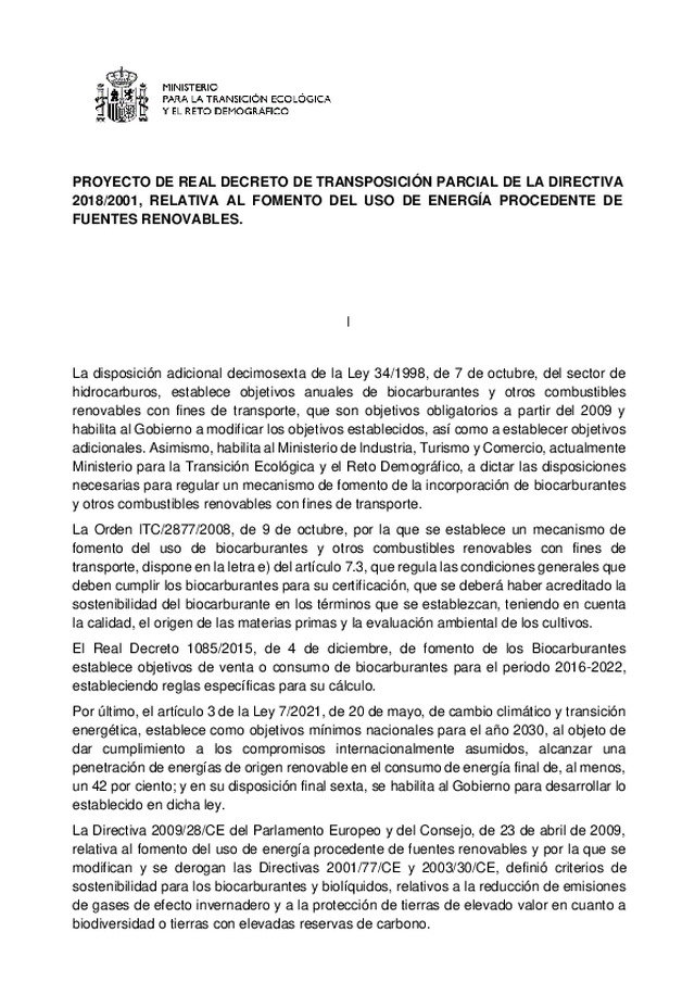 Disponible en audiencia e información pública el Proyecto de Real Decreto de transposición parcial de la Directiva 2018/2001, relativa al fomento del uso de energía procedente de fuentes renovables