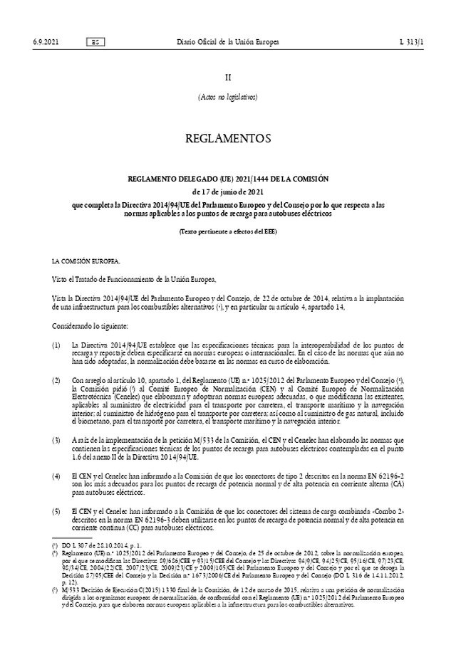 Se publica el Reglamento que completa la Directiva 2014/94/UE por lo que respecta a las normas aplicables a puntos de recarga para autobuses eléctricos