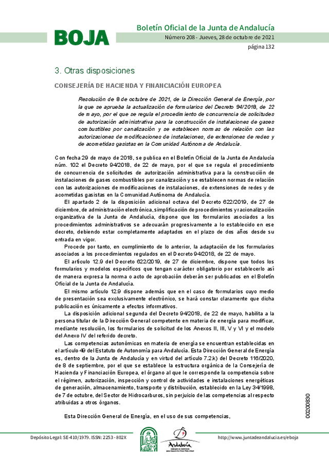 Se actualizan, en Andalucía, los formularios del Decreto 94/2018 que regula el procedimiento de concurrencia de solicitudes de autorización administrativa para la construcción de instalaciones de gases combustibles por canalización.