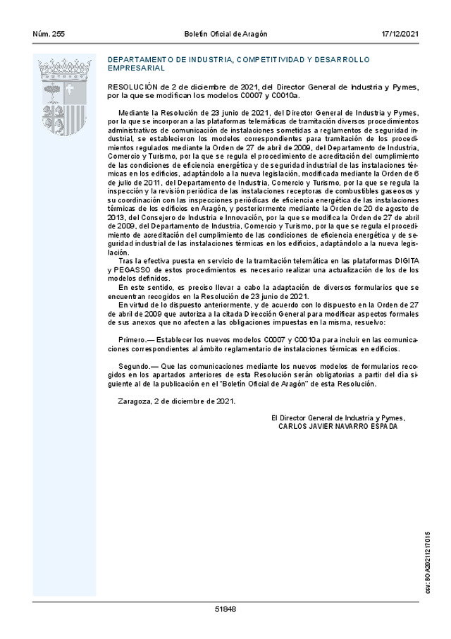 Se modifican, en Aragón, los modelos C0007 y C0010a en el ámbito reglamentario de instalaciones térmicas en edificios