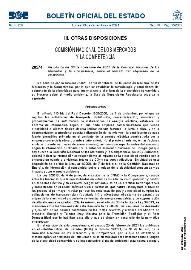 Se aprueba el nuevo formato de etiquetado de la electricidad