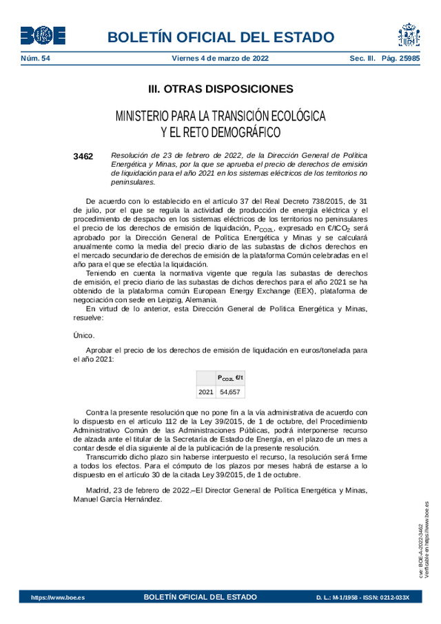 Precio de derechos de emisión de liquidación para el año 2021 en los sistemas eléctricos de los territorios no peninsulares
