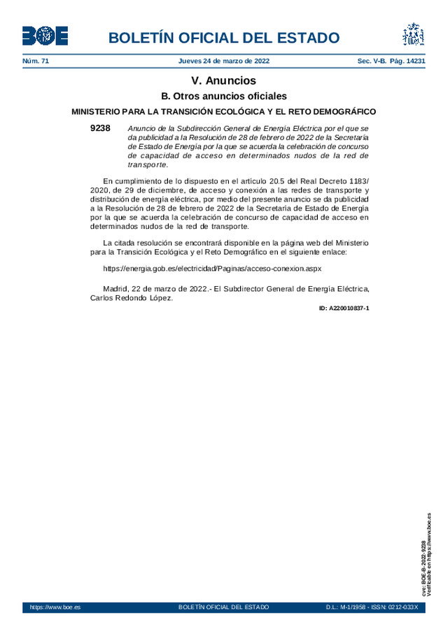 Se acuerda la celebración de concurso de capacidad de acceso en determinados nudos de la red de transporte