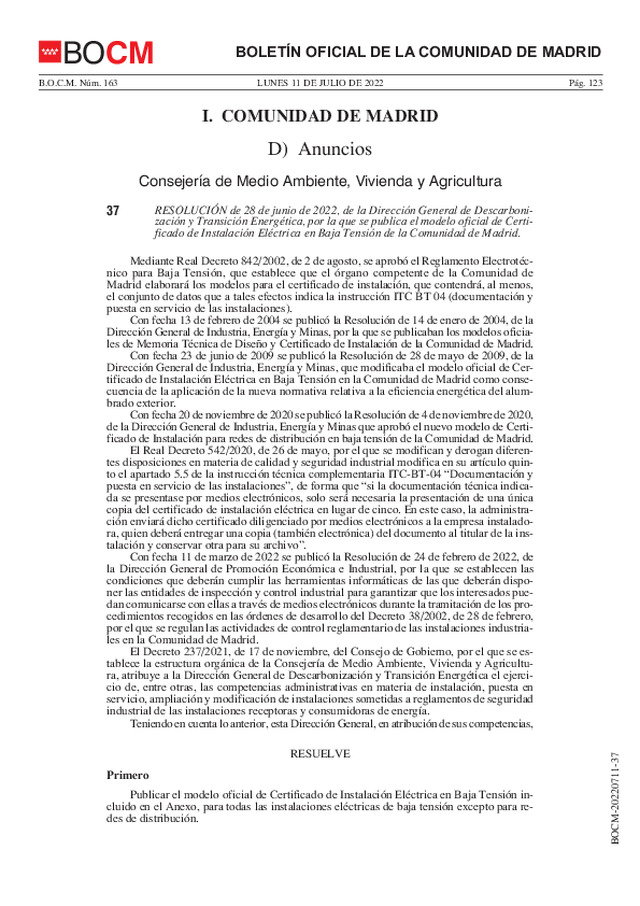 Se publica el modelo oficial de Certificado de Instalación Eléctrica en Baja Tensión de la Comunidad de Madrid.