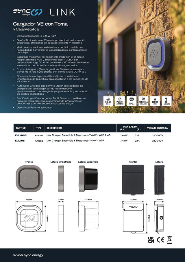 Sync Energy  F.Tec. - Cargador EV LINK Modo3 7.4kW Metal