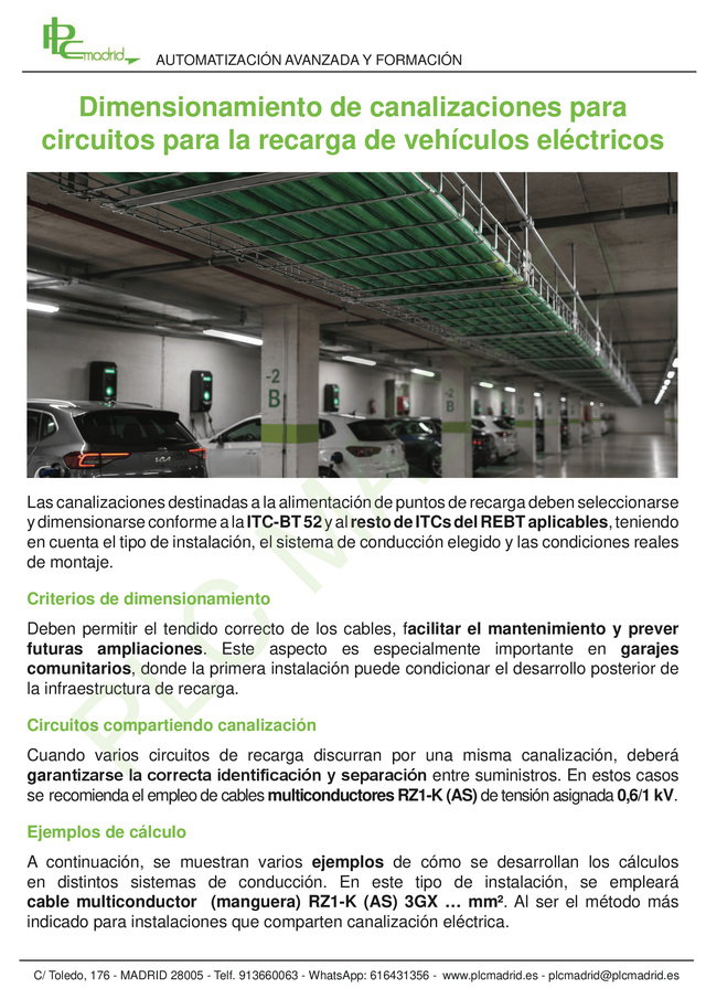 Dimensionamiento de canalaizaciones para circuitos para la recarga de vehículos eléctricos