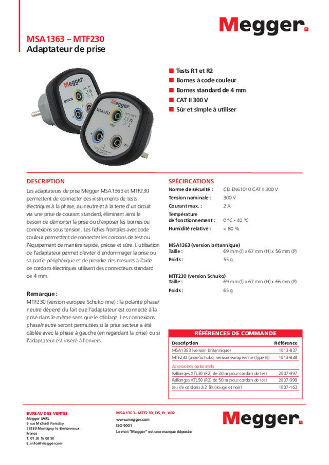Megger présente ses adaptateurs de prise MSA1363 et MTF230