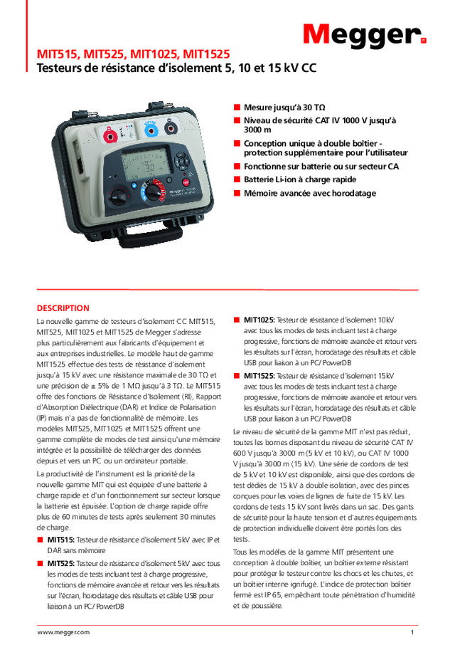 Megger présente ses testeurs de résistance d'isolement 5, 10 et 15 kV CC