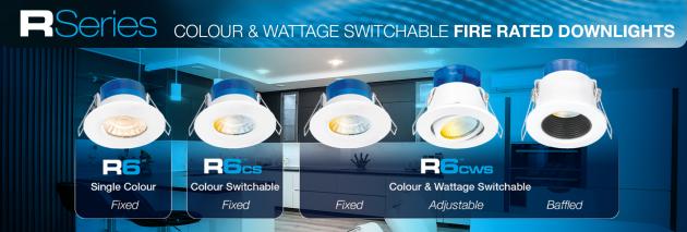Colour and wattage switchable fire-rated downlights