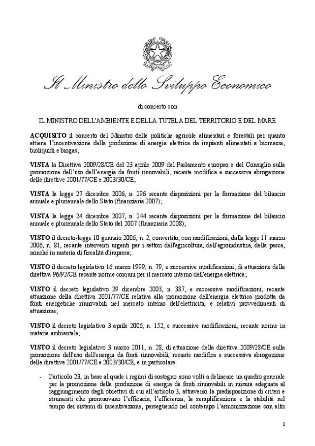 DM 6 luglio 2012 sulle rinnovabili elettriche non fotovoltaiche (idroelettrico, geotermico, eolico, biomasse, biogas)