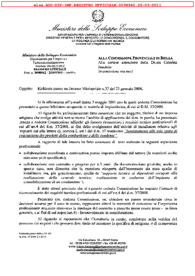 DM 37/08 - Parere alla Commissione provinciale di Biella del 25 maggio 2011
