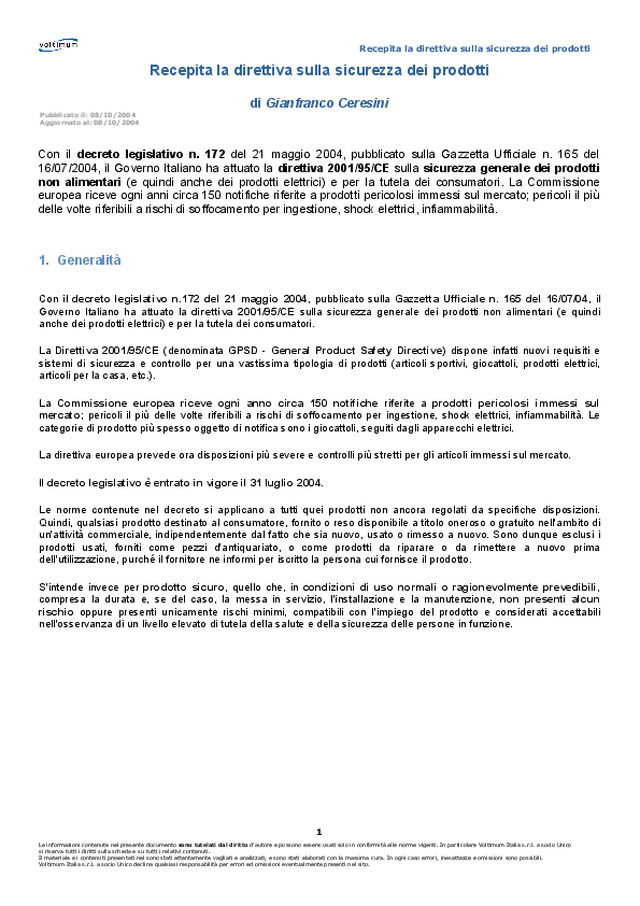 Recepita la direttiva sulla sicurezza dei prodotti