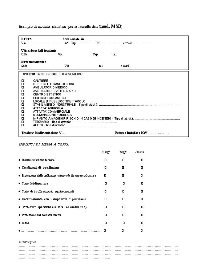 Modello MSB - Esempio di modulo statistico per la raccolta dati