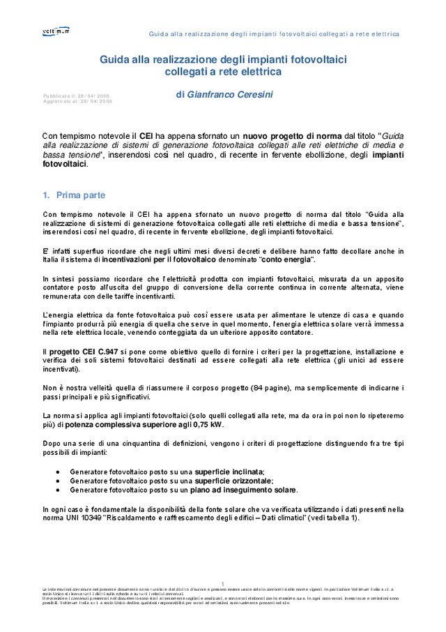 Guida alla realizzazione degli impianti fotovoltaici collegati a rete elettrica