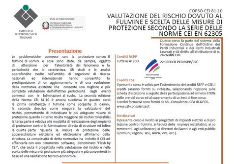 Corso CEI 81-10 "Valutazione del rischio dovuto al fulmine e scelta delle misure di protezione secondo la serie di Norme CEI EN 62305"