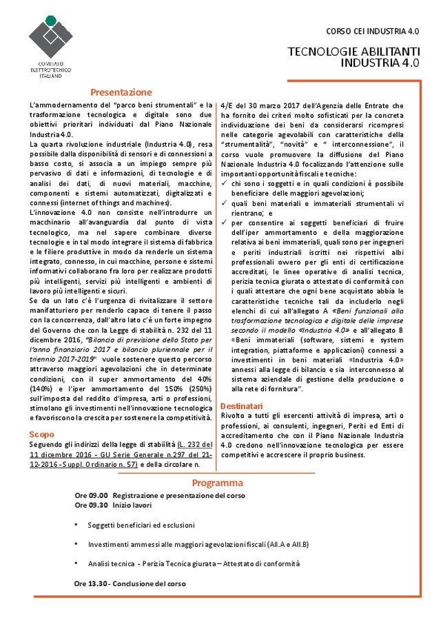 Programma corso CEI INDUSTRIA 4.0 - AULA