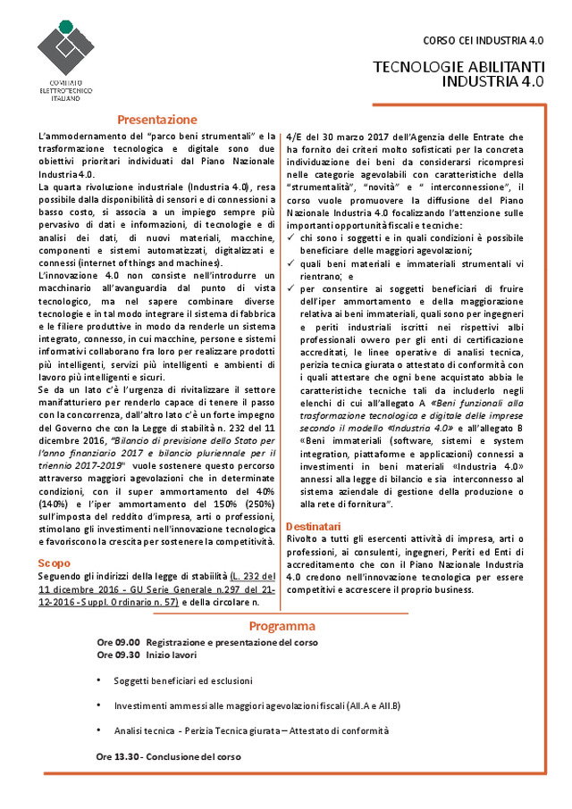 Programma corso CEI INDUSTRIA 4.0 - AULA