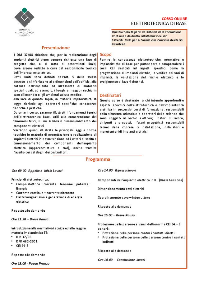 Programma Corso CEI ELETTROTECNICA DI BASE - ONLINE