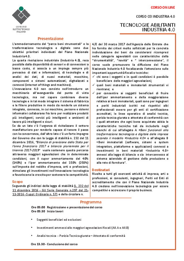 Programma Corso CEI INDUSTRIA 4.0 - ONLINE