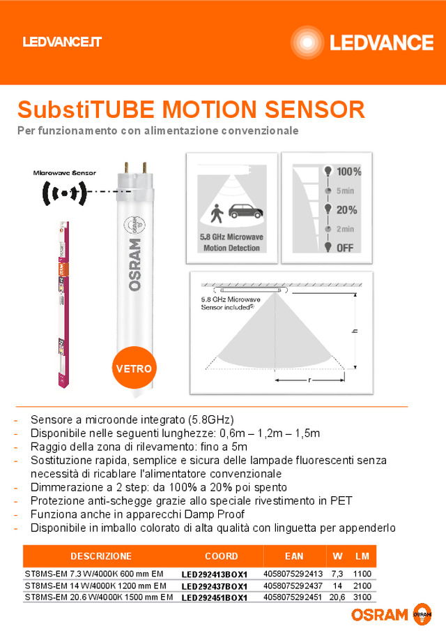 SubstiTUBE Motion Sensor: tubo LED con sensore di movimento, per funzionamento con alimentazione convenzionale