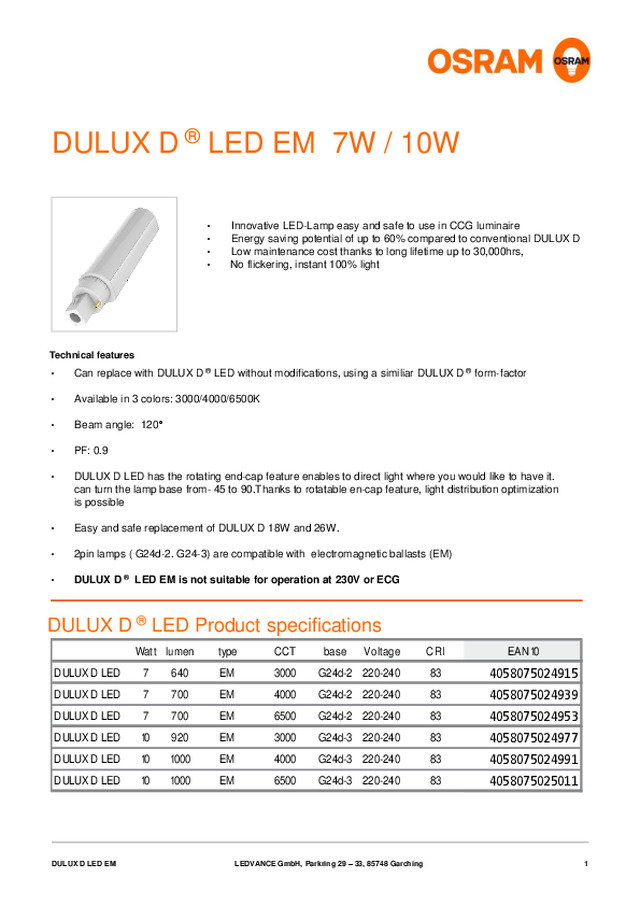 OSRAM DULUX® D LED — Folha de dados (Em inglês)