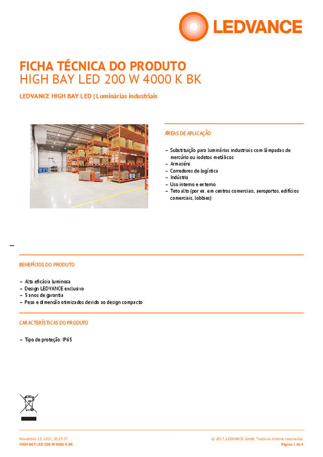 HIGH BAY LED 200 W 4000 K BK —  Luminárias industriais