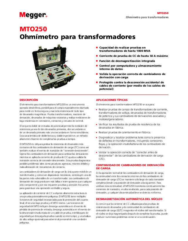 Ohmímetro MTO250 para transformadores: Ficha técnica (ES)