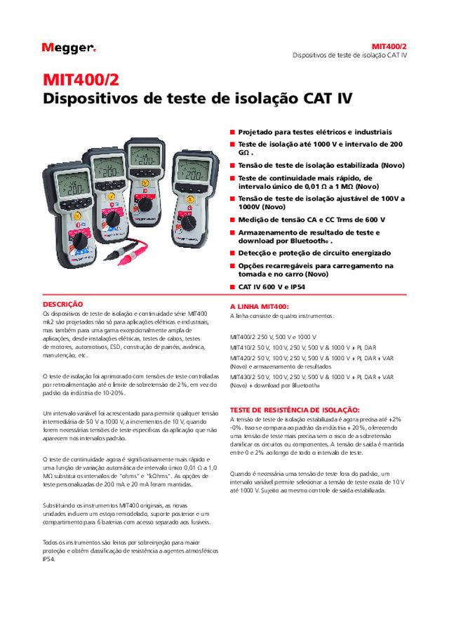 Megger MIT400/2: Dispositivos de teste de isolação CAT IV