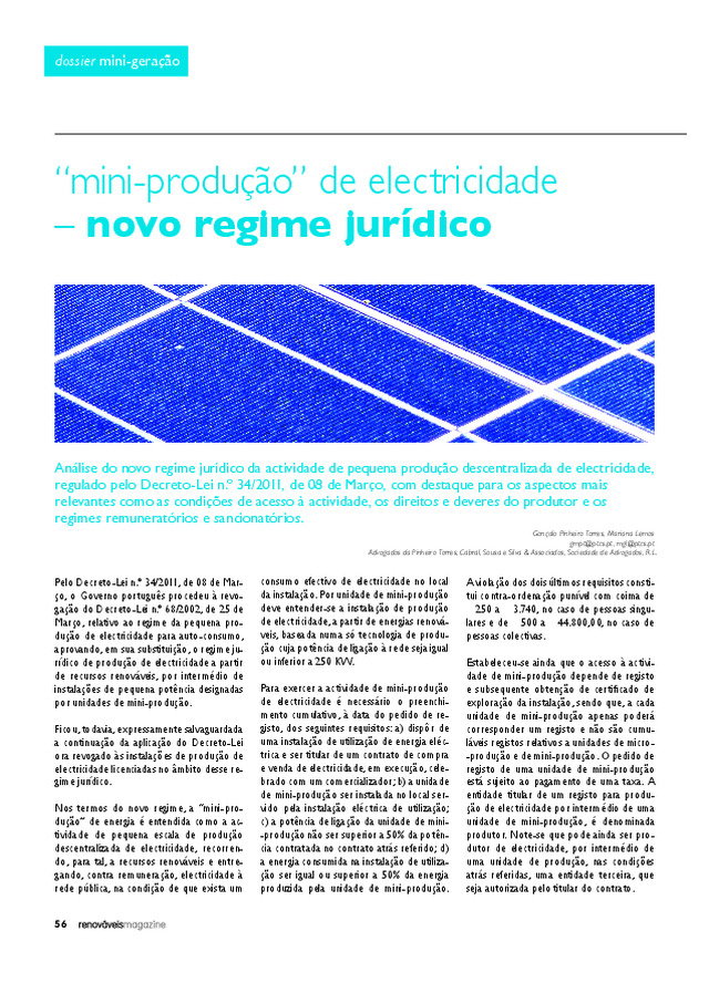 "Mini-produção de electricidade" - O novo regime jurídico