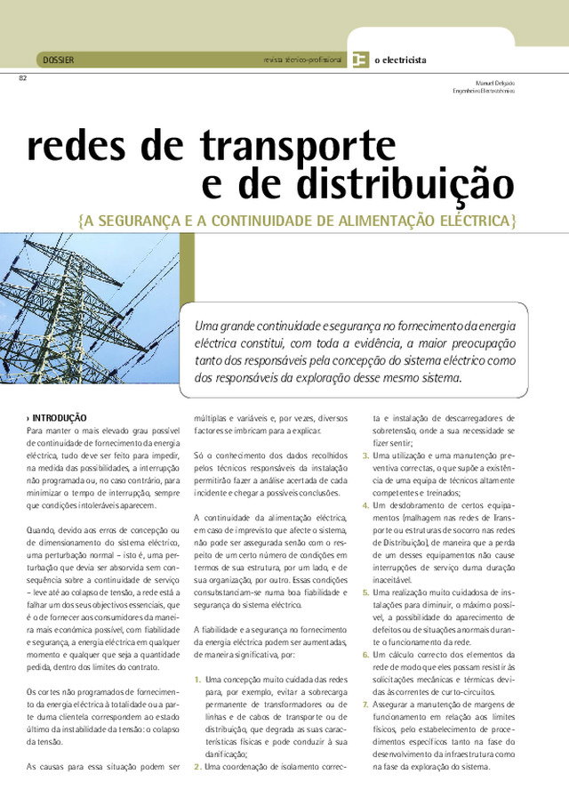 Redes de transporte e de distribuição: a segurança e a continuidade de alimentação eléctrica
