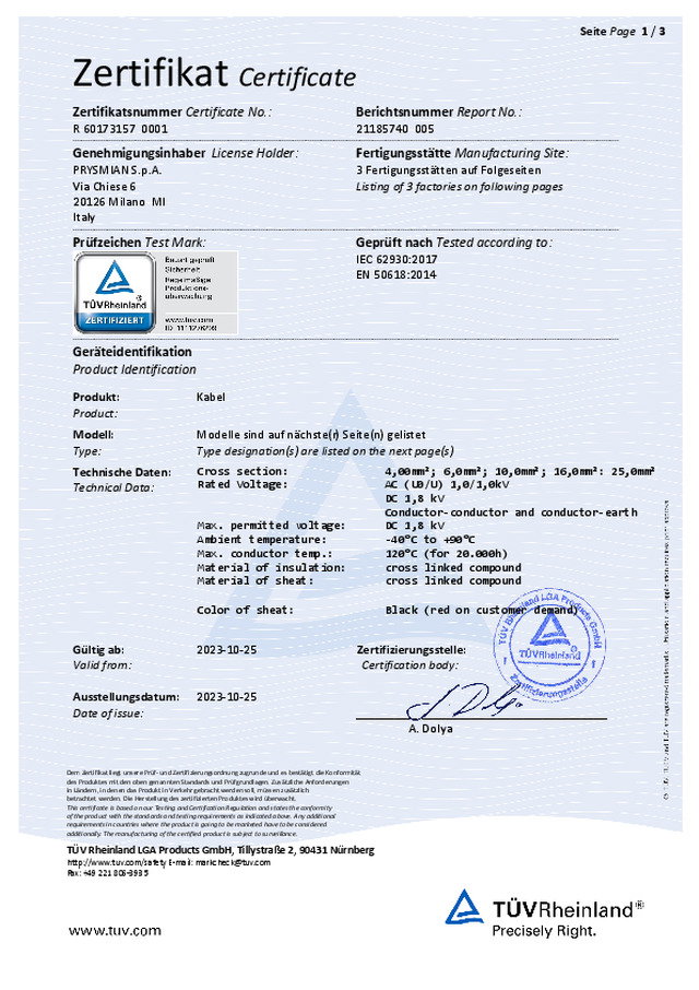 Certificado cabo BT Prysmian Prysolar® - H1Z2Z2-K​