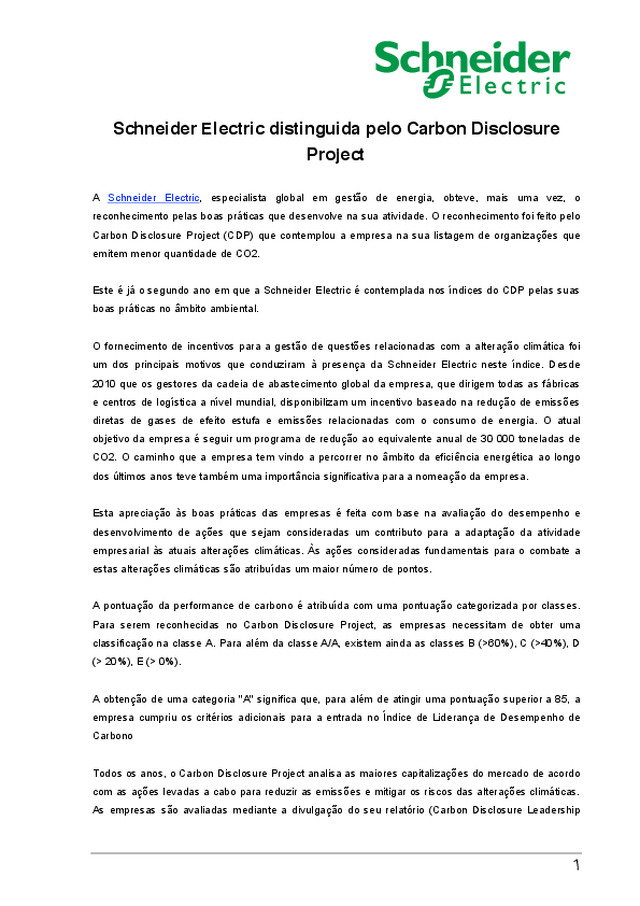 Schneider Electric distinguida pelo Carbon Disclosure