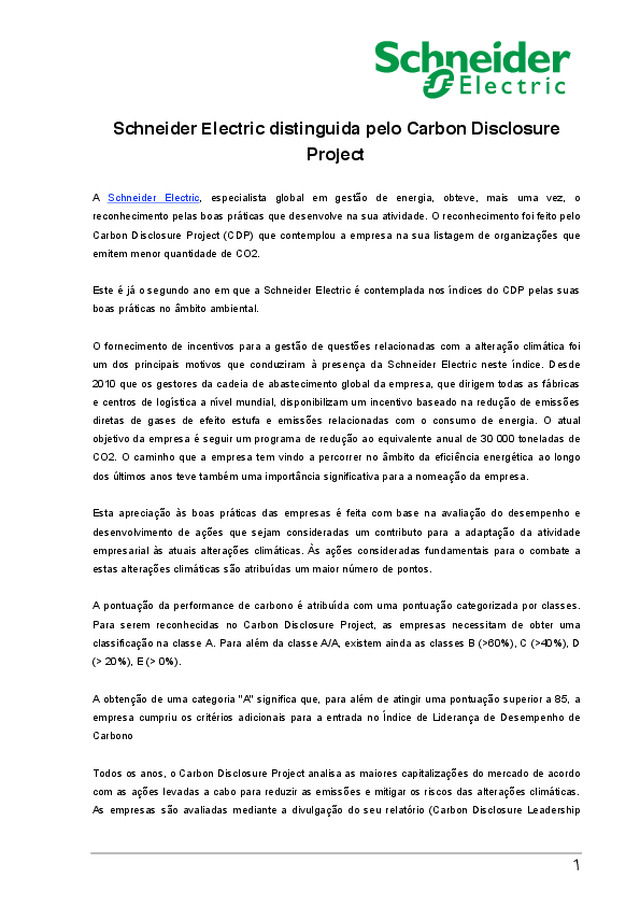 Schneider Electric distinguida pelo Carbon Disclosure