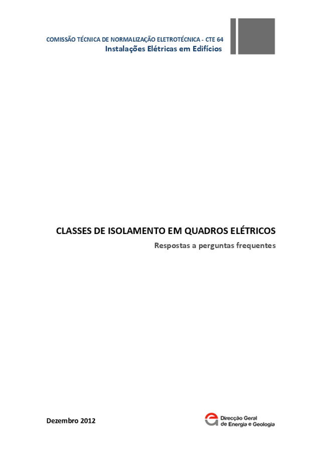 Classes de Isolamento dos Quadros Eléctricos - Comissão Técnica de Normalização Electrotécnica, DGEG