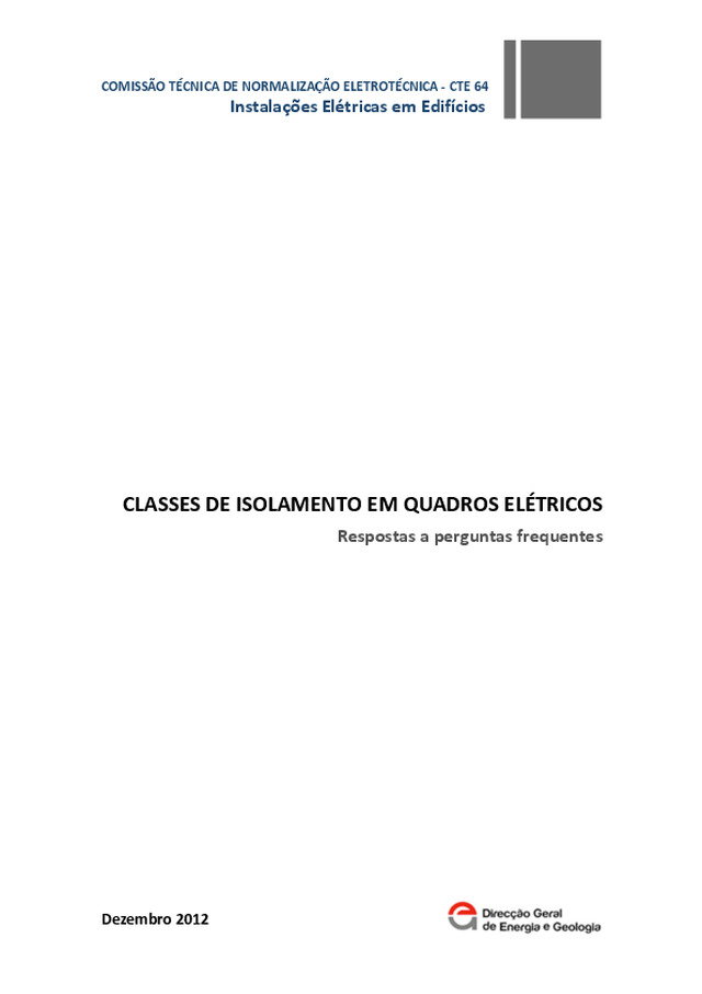 Classes de Isolamento dos Quadros Eléctricos - Comissão Técnica de Normalização Electrotécnica, DGEG