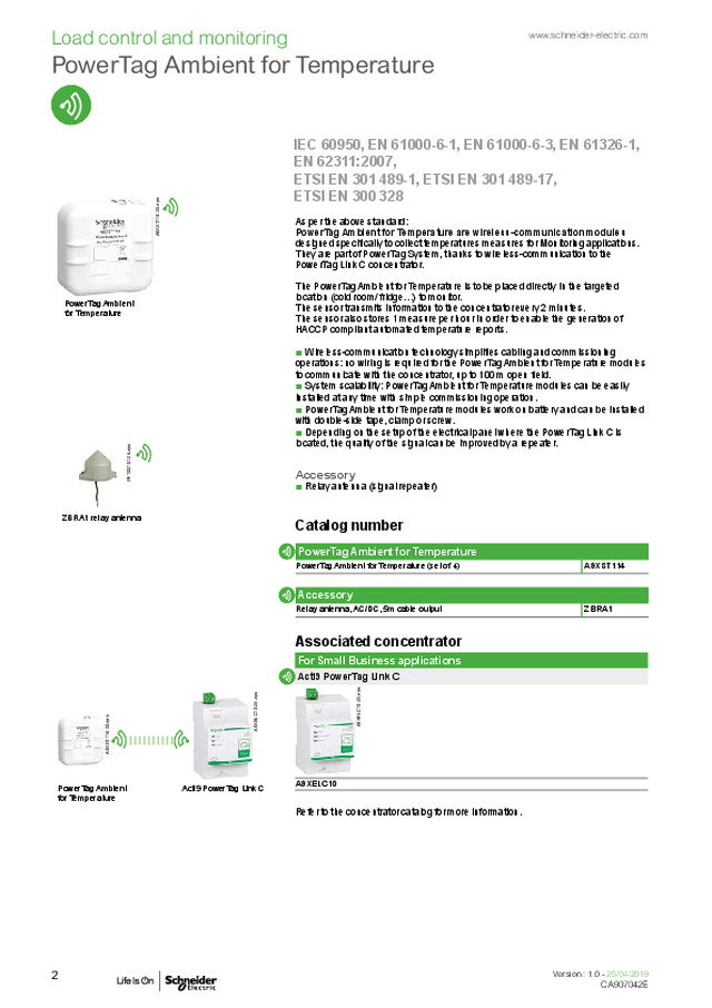 PowerTag Ambient for Temperature - Ficha técnica