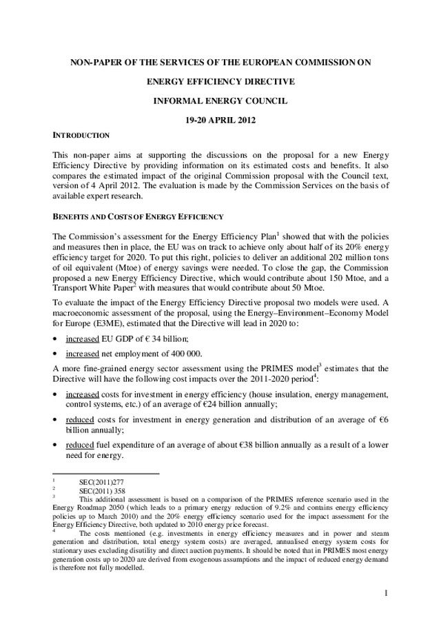 Informação do Conselho de Energia da UE - Directiva sobre Eficiência Energética