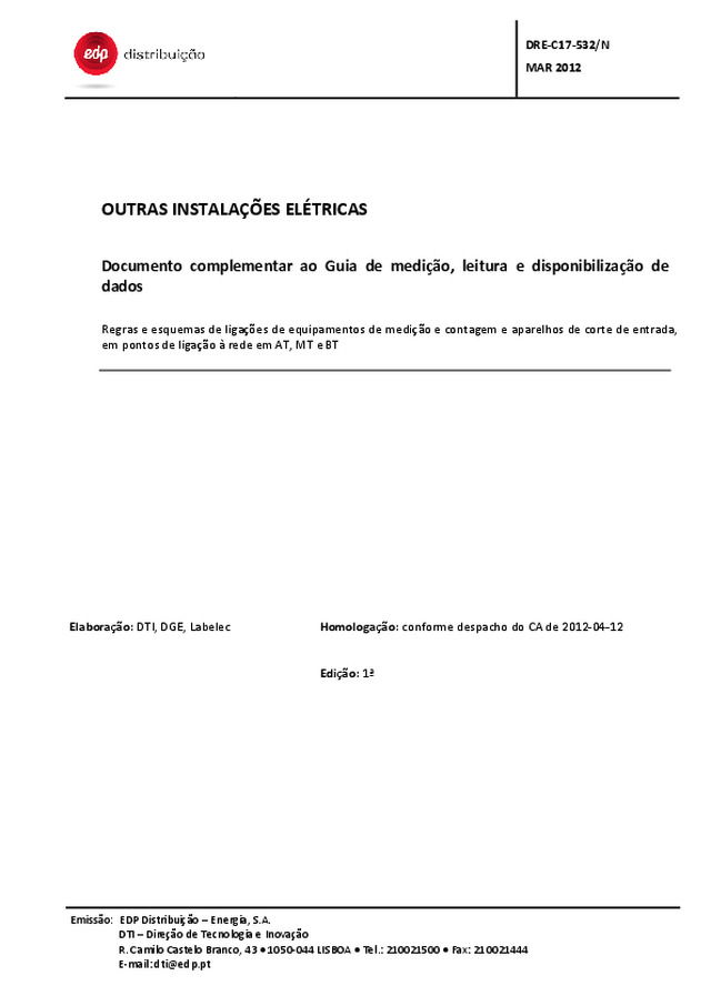Guia de medição, leitura e disponibilização de dados - outras instalações - regras e esquemas de ligações de equipamentos
