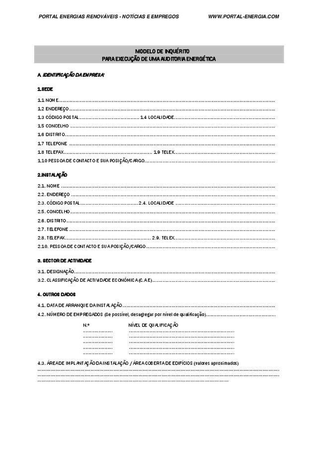 Modelo de inquérito para execução de uma auditoria energética