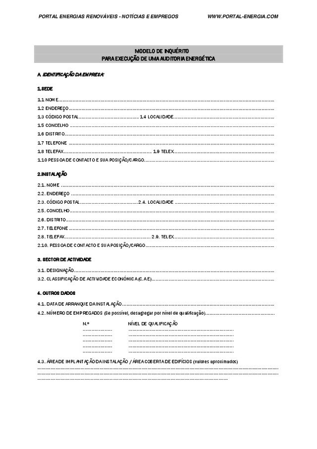 Modelo de inquérito para execução de uma auditoria energética