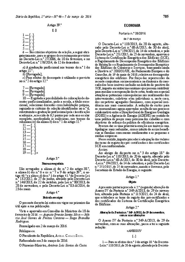 Portaria n.º 39/2016: Certificação Energética dos Edifícios