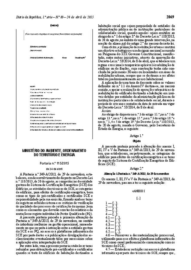 Portaria n.º 115/2015: Certificação Energética dos Edifícios