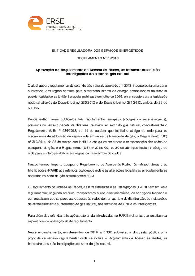 ENTIDADE REGULADORA DOS SERVIÇOS ENERGÉTICOS REGULAMENTO Nº 3 /2016