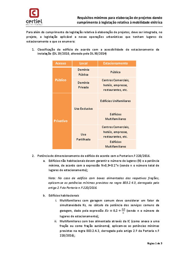Requisitos mínimos para elaboração de projectos segundo a legislação aplicada à mobilidade elétrica