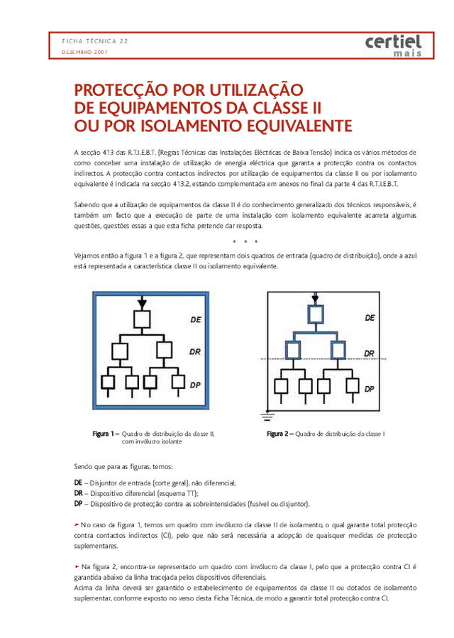 Ficha técnica CERTIEL 22 | Protecção por utilização de equipamentos de classe II ou por isolamento equivalente