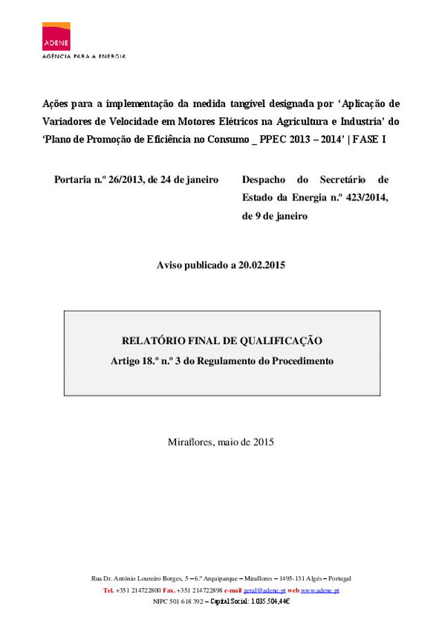 Plano de Promoção de Eficiência no Consumo — Relatório Final de Qualificação