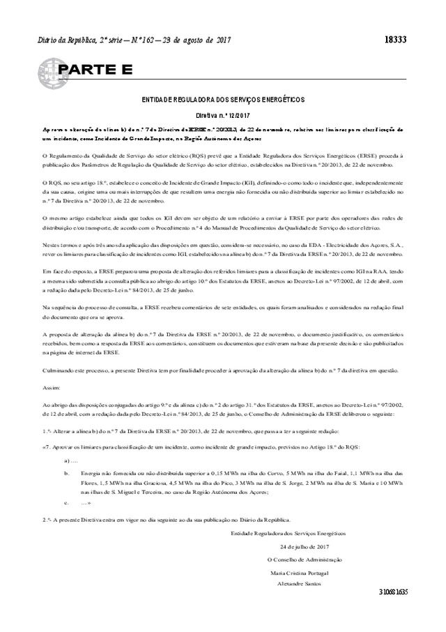 Directiva n.º 12/2017 — Entidade Reguladora dos Serviços Energéticos